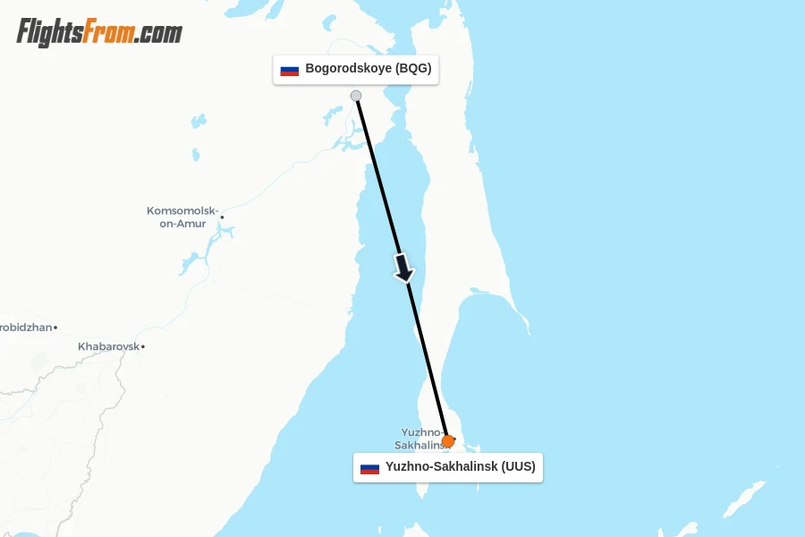 Flights from Bogorodskoye to Yuzhno-Sakhalinsk route map