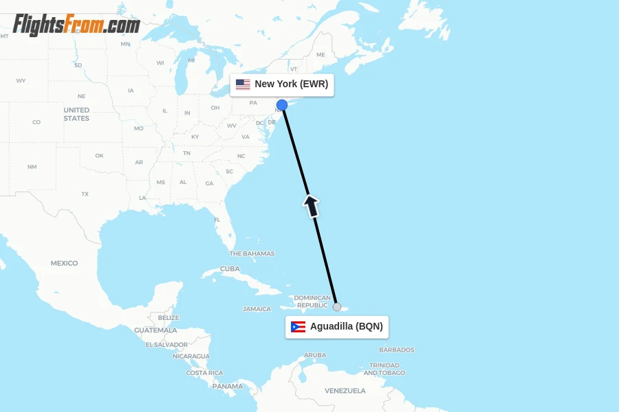 Flights from Aguadilla to New York route map