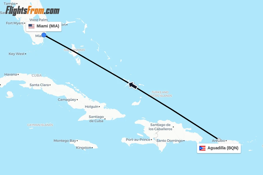 Flights from Aguadilla to Miami route map