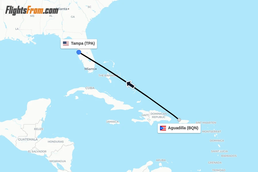 Flights from Aguadilla to Tampa route map