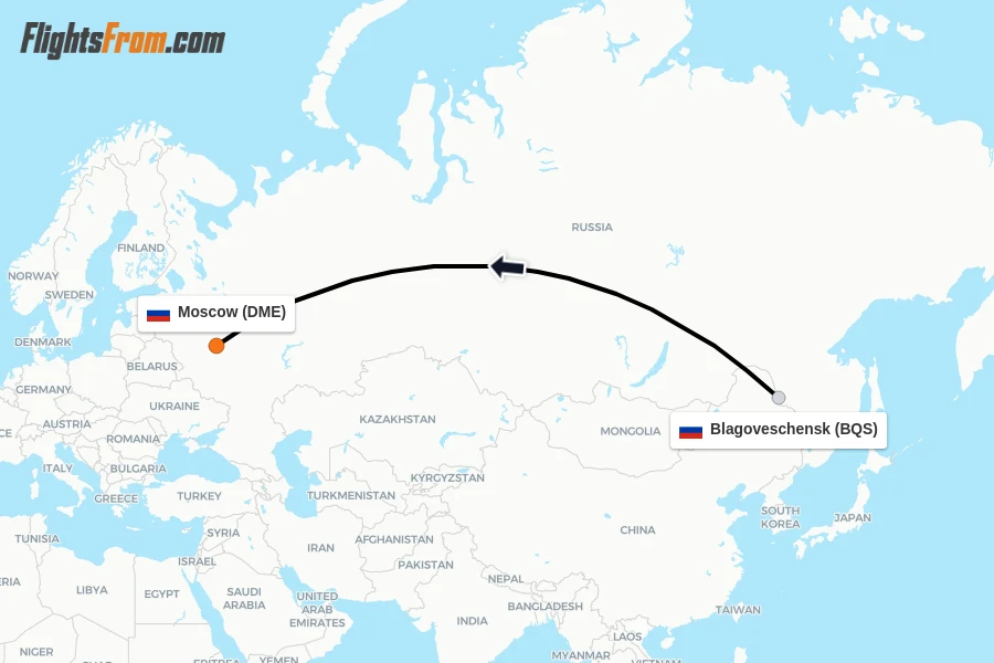 Flights from Blagoveschensk to Moscow route map