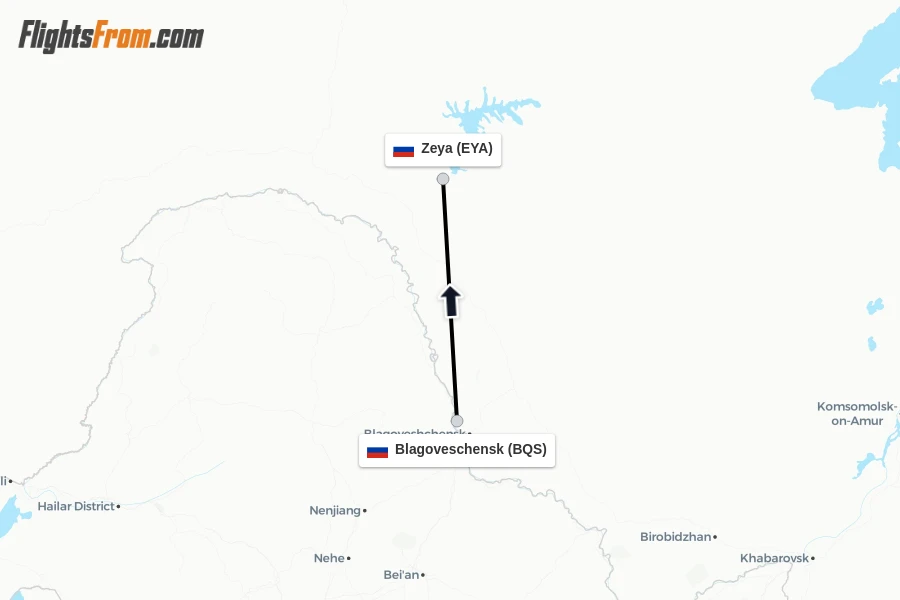 Flights from Blagoveschensk to Zeya route map