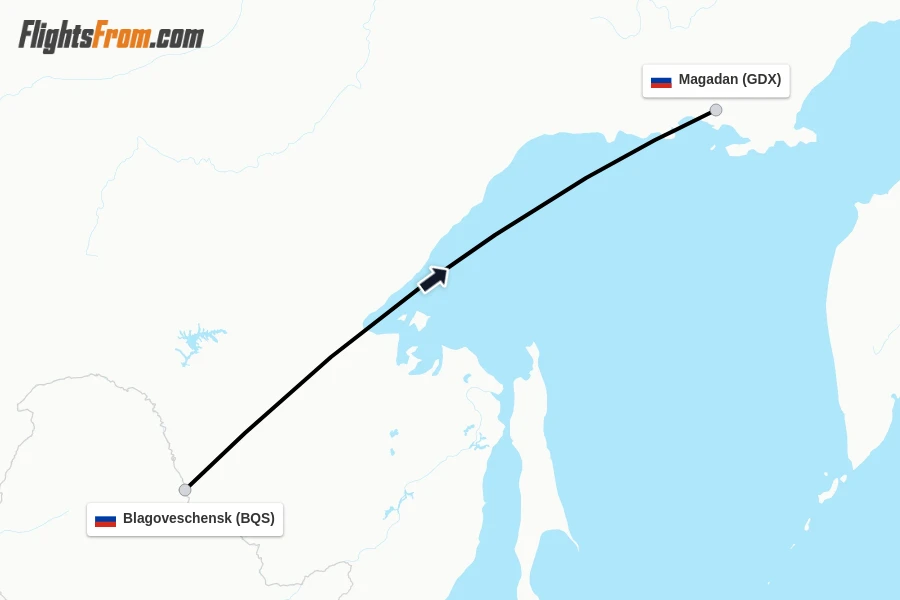 Flights from Blagoveschensk to Magadan route map