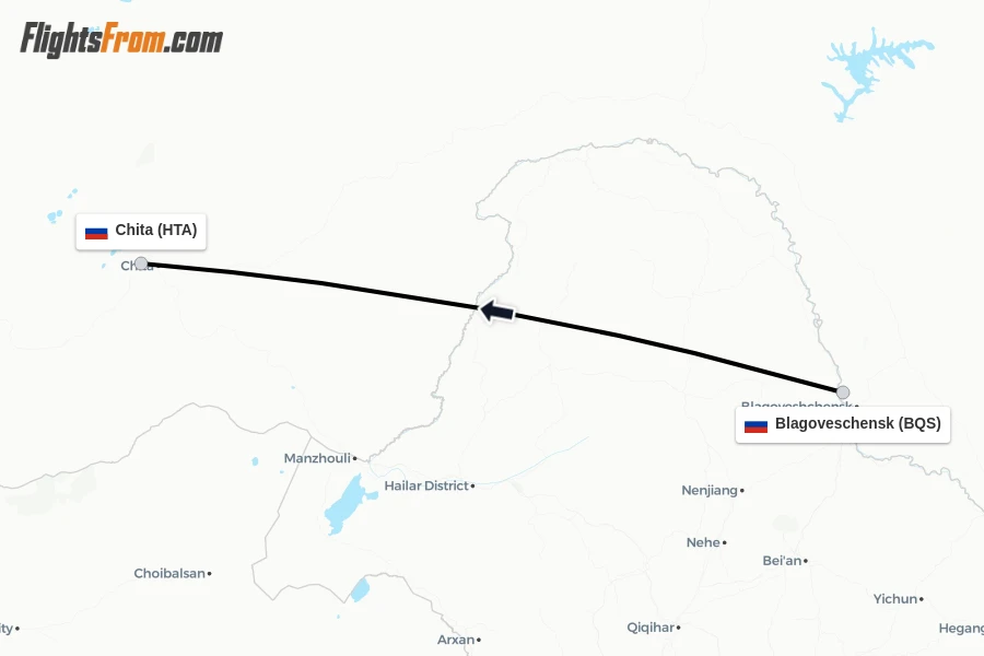Flights from Blagoveschensk to Chita route map