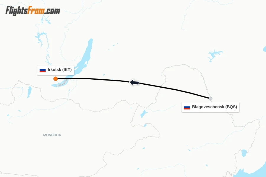 Flights from Blagoveschensk to Irkutsk route map