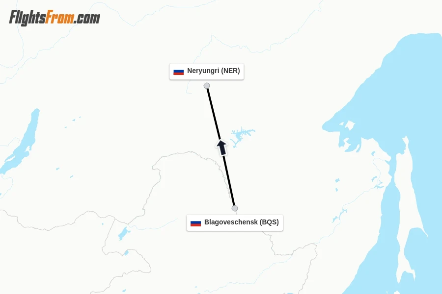 Flights from Blagoveschensk to Neryungri route map