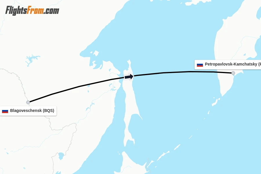 Flights from Blagoveschensk to Petropavlovsk-Kamchatsky route map