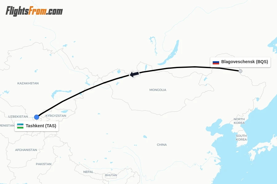 Flights from Blagoveschensk to Tashkent route map