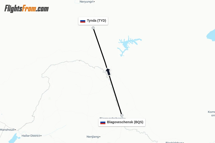 Flights from Blagoveschensk to Tynda route map