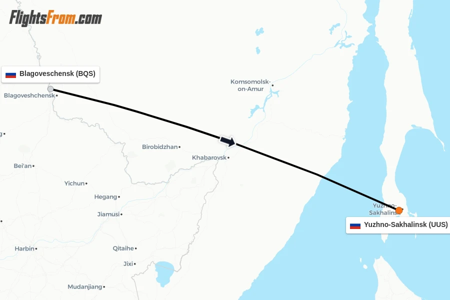 Flights from Blagoveschensk to Yuzhno-Sakhalinsk route map