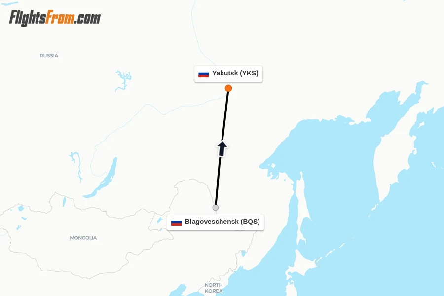 Flights from Blagoveschensk to Yakutsk route map