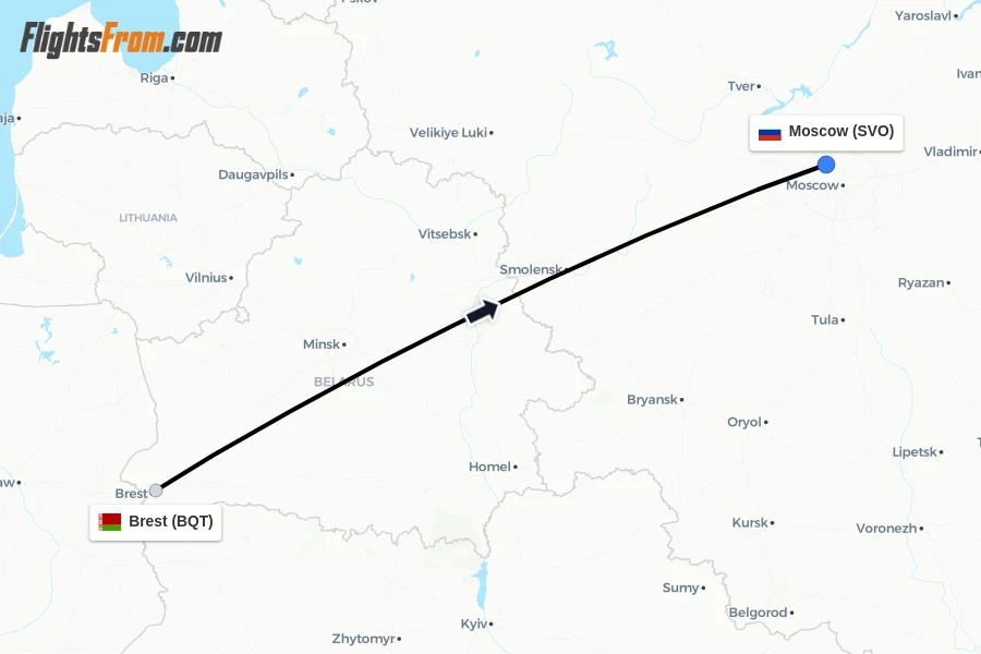 Flights from Brest to Moscow route map