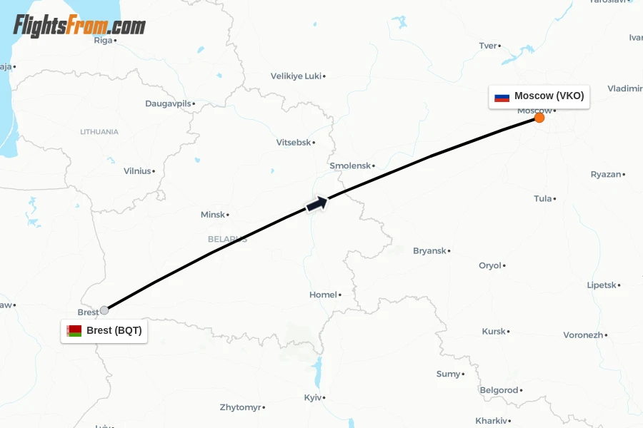 Flights from Brest to Moscow route map