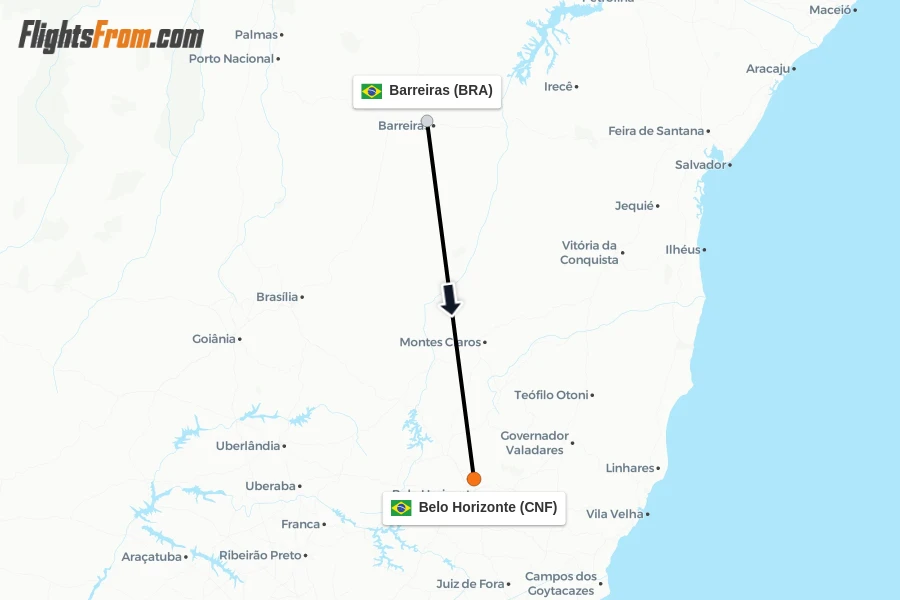 Flights from Barreiras to Belo Horizonte route map