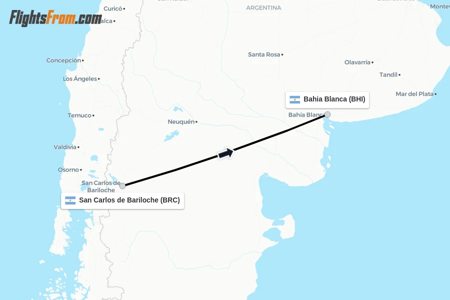 Flights from San Carlos de Bariloche to Bahia Blanca route map