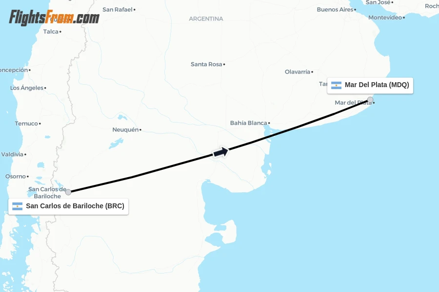 Flights from San Carlos de Bariloche to Mar Del Plata route map