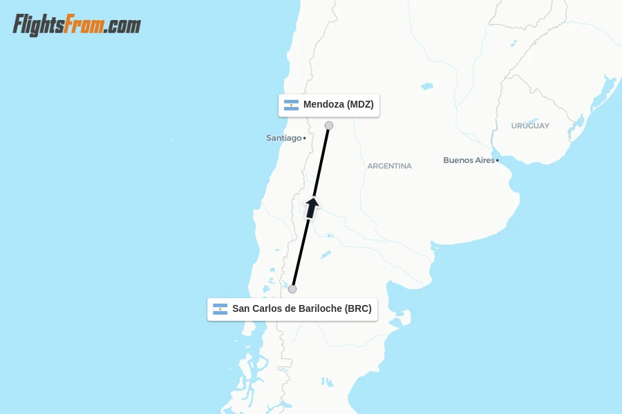 Flights from San Carlos de Bariloche to Mendoza route map