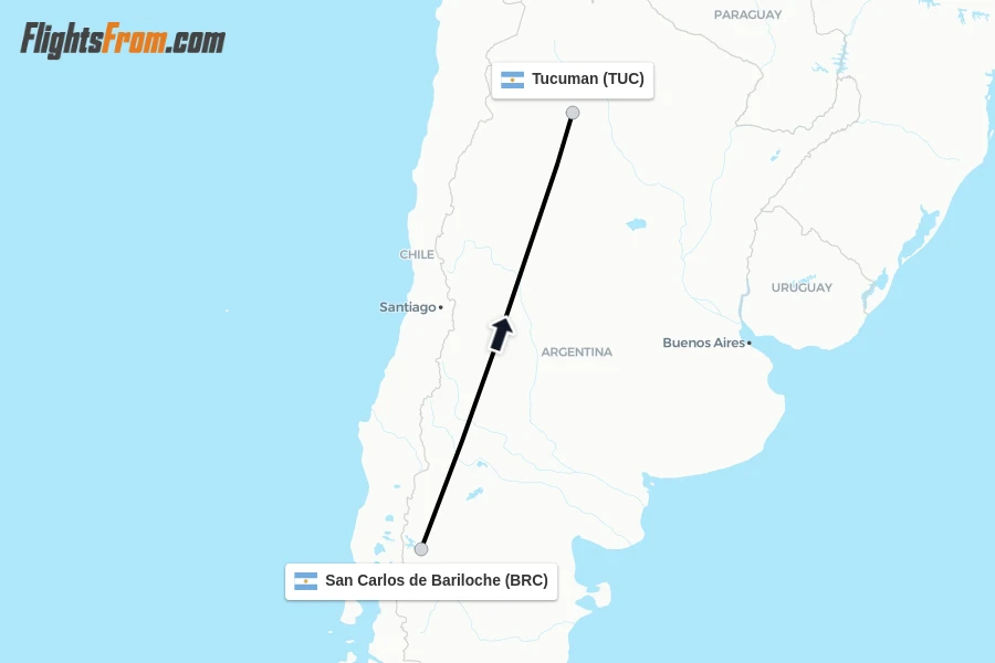 Flights from San Carlos de Bariloche to Tucuman route map
