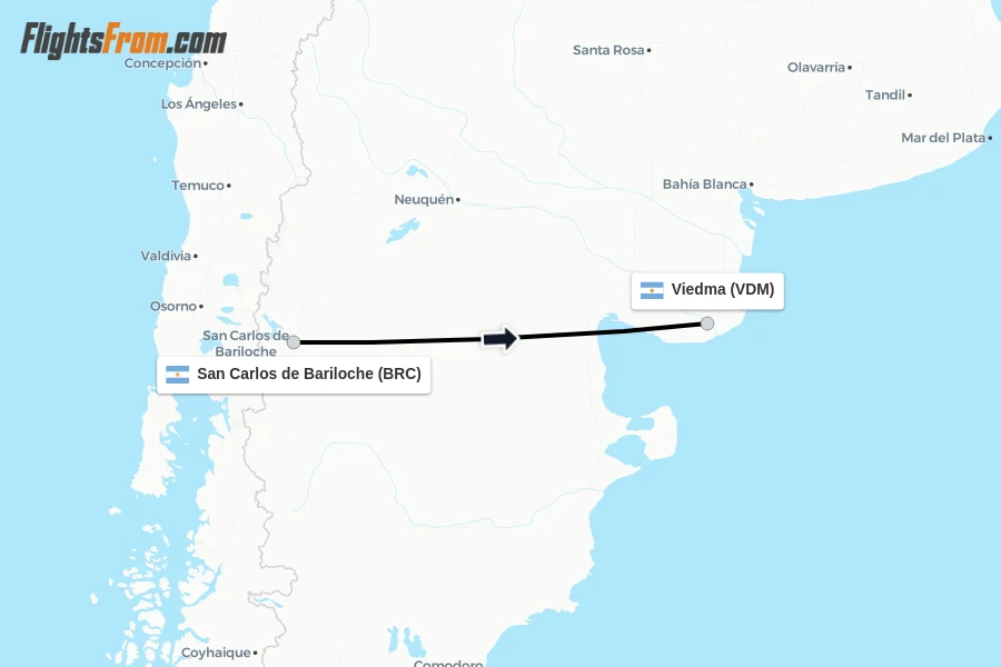 Flights from San Carlos de Bariloche to Viedma route map