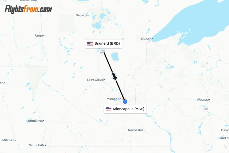 Flights from Brainerd to Minneapolis route map