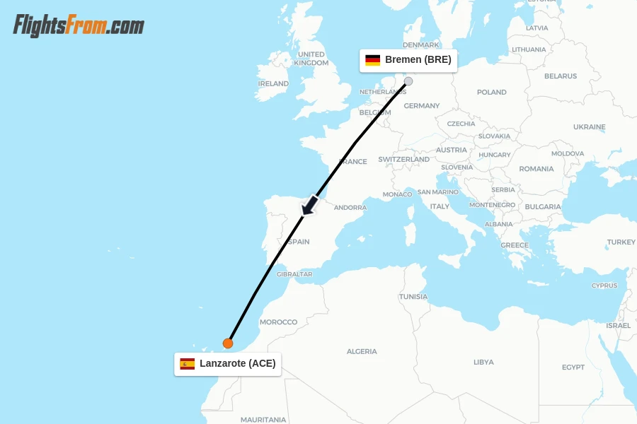 Flights from Bremen to Lanzarote route map