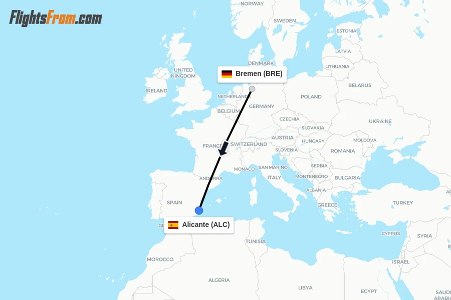 Flights from Bremen to Alicante route map