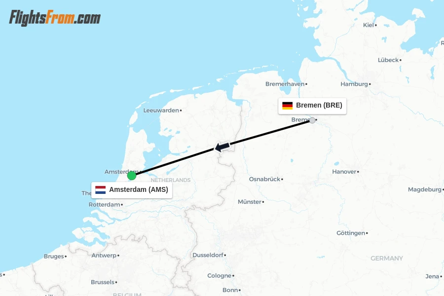 Flights from Bremen to Amsterdam route map