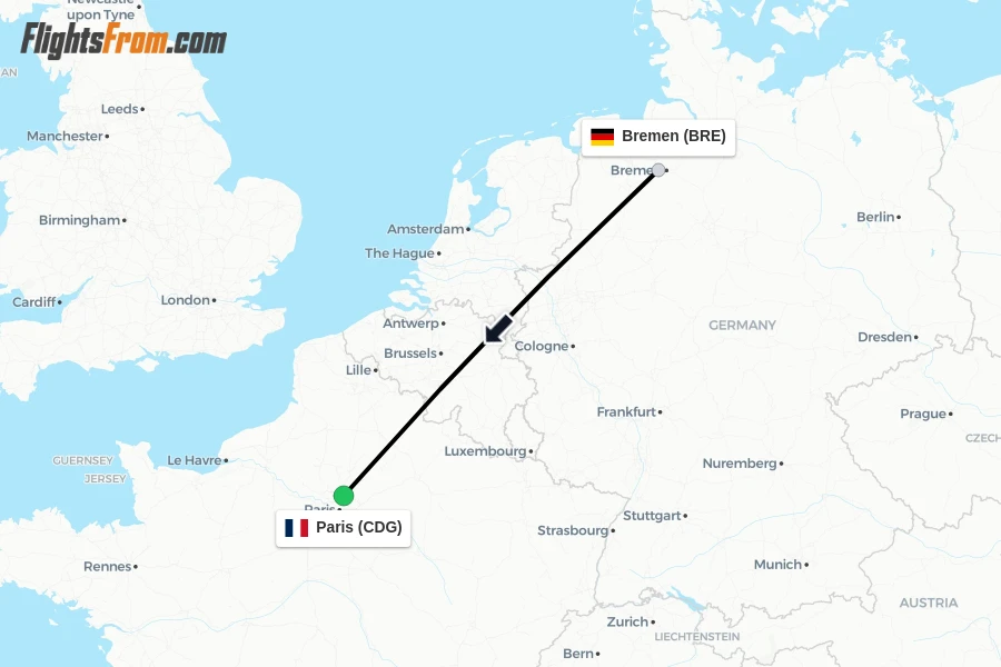 Flights from Bremen to Paris route map