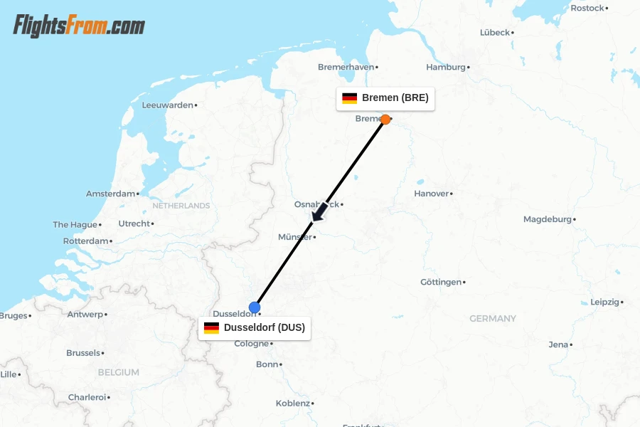 Flights from Bremen to Dusseldorf route map