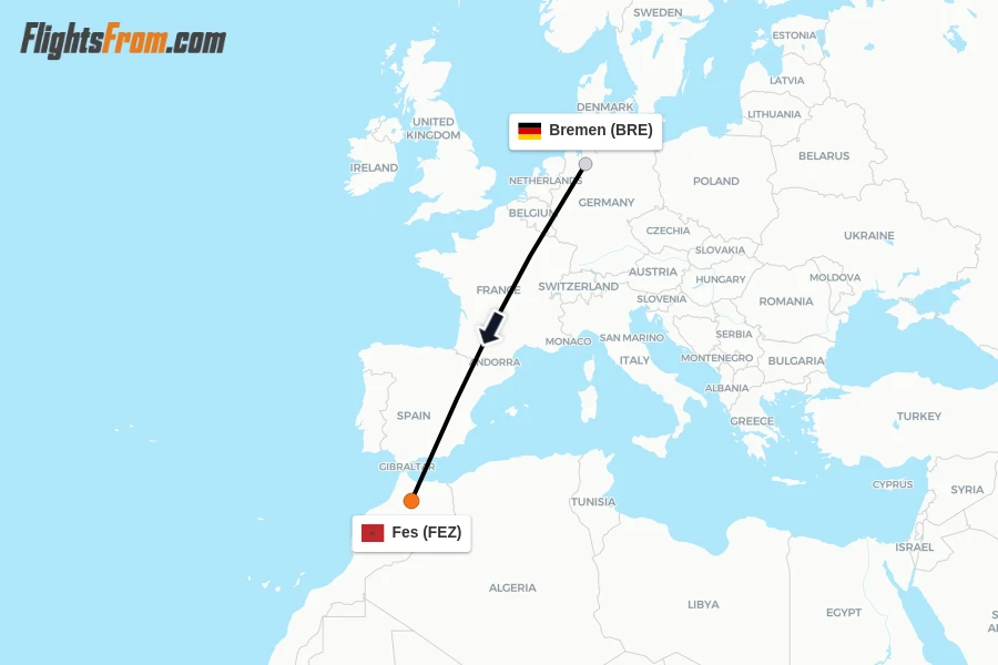 Flights from Bremen to Fes route map