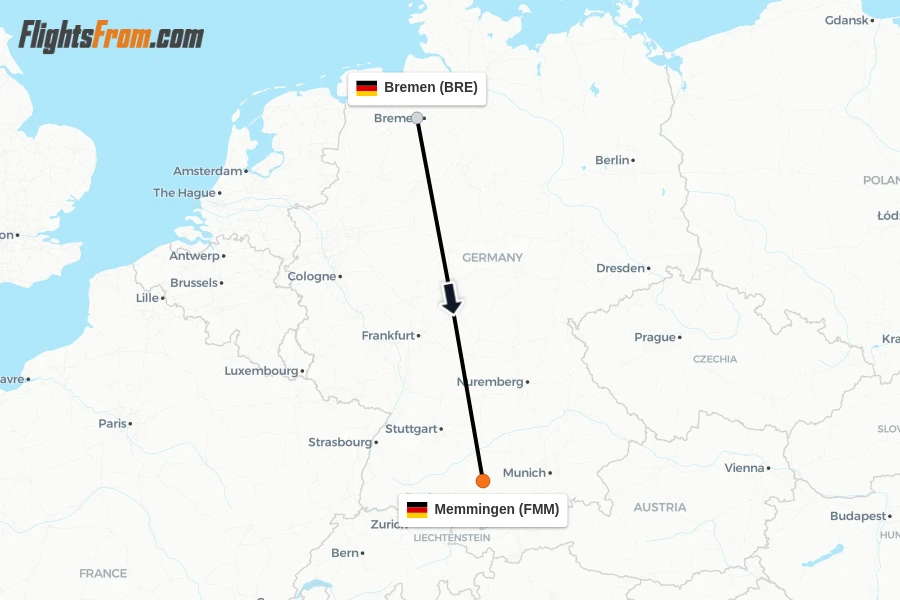 Flights from Bremen to Memmingen route map