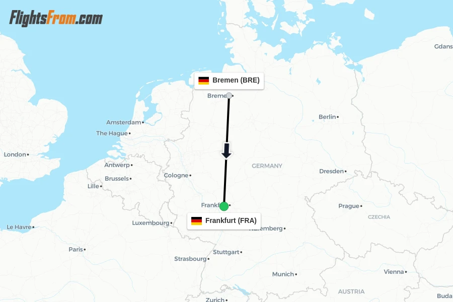 Flights from Bremen to Frankfurt route map