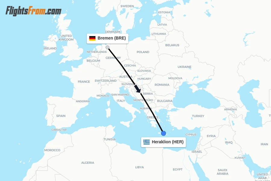 Flights from Bremen to Heraklion route map