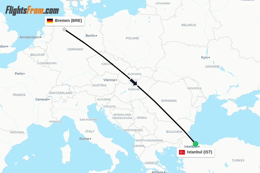 Flights from Bremen to Istanbul route map
