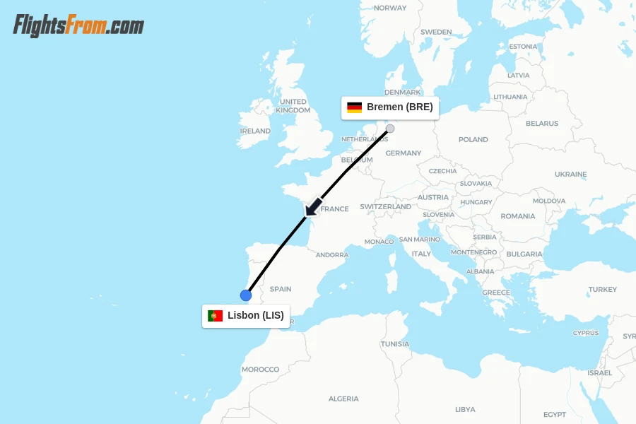 Flights from Bremen to Lisbon route map