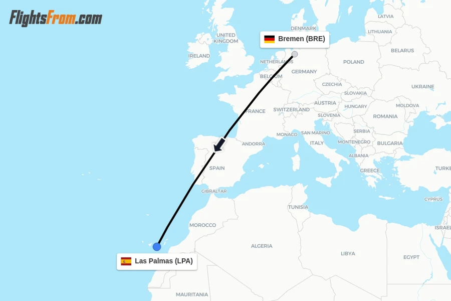 Flights from Bremen to Las Palmas route map