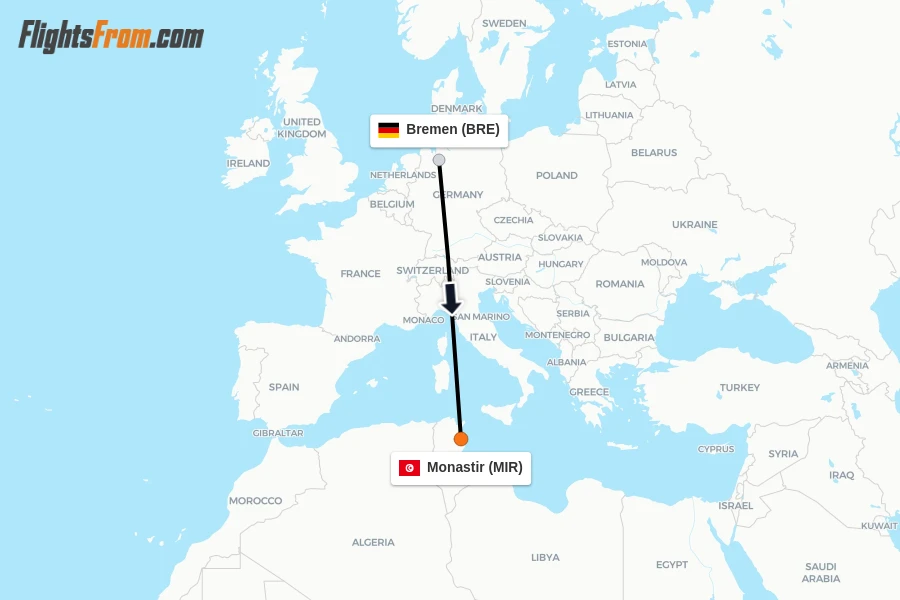 Flights from Bremen to Monastir route map
