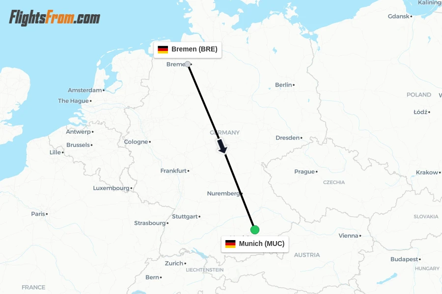 Flights from Bremen to Munich route map
