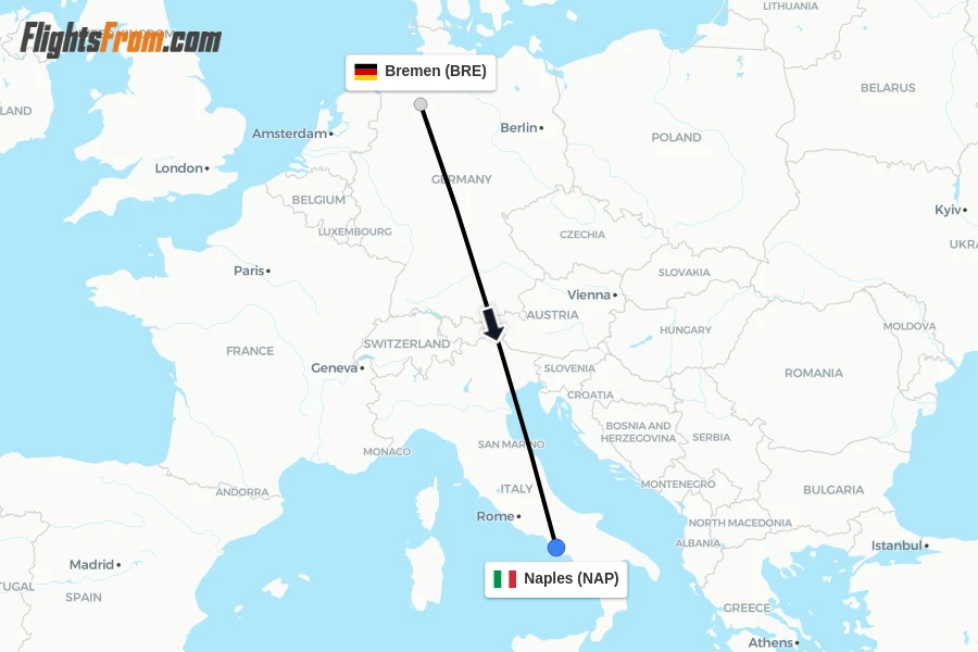 Flights from Bremen to Naples route map