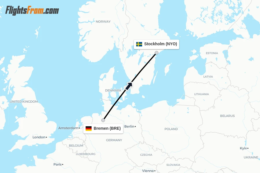 Flights from Bremen to Stockholm route map