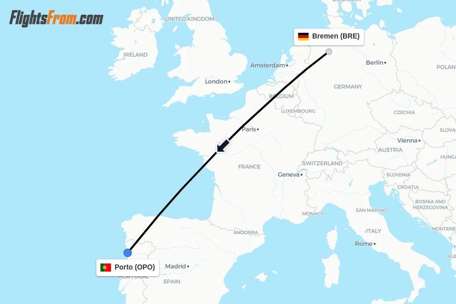 Flights from Bremen to Porto route map