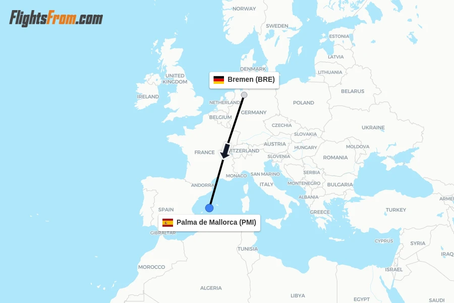 Flights from Bremen to Palma de Mallorca route map