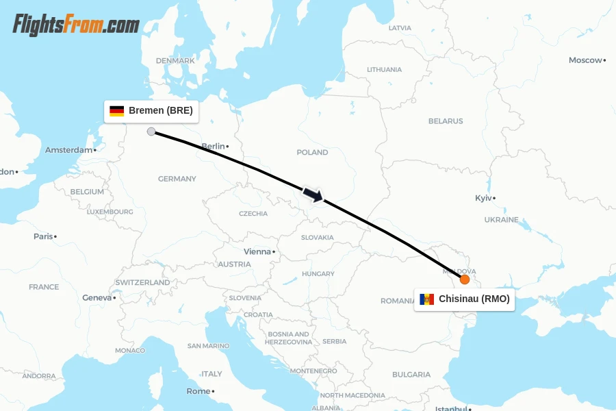 Flights from Bremen to Chisinau route map