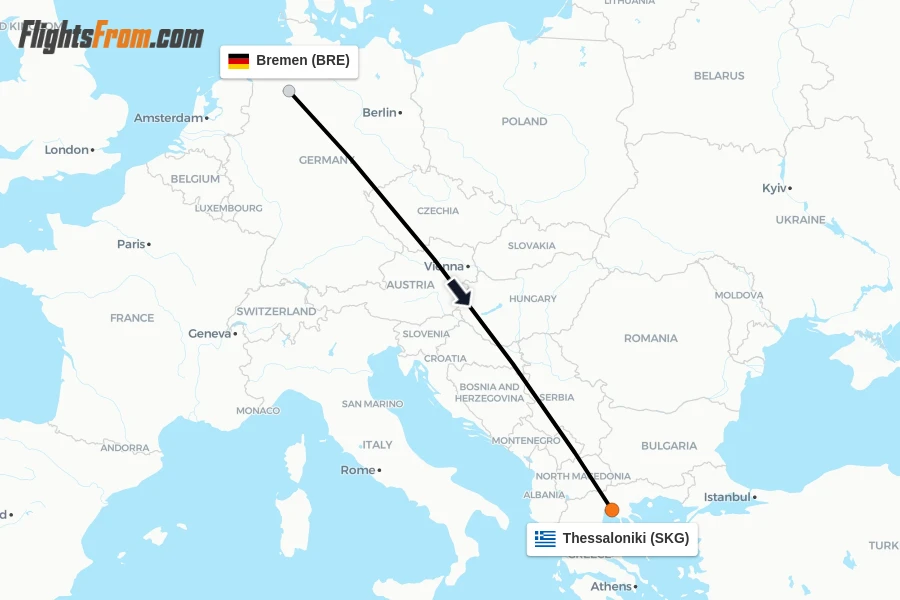 Flights from Bremen to Thessaloniki route map
