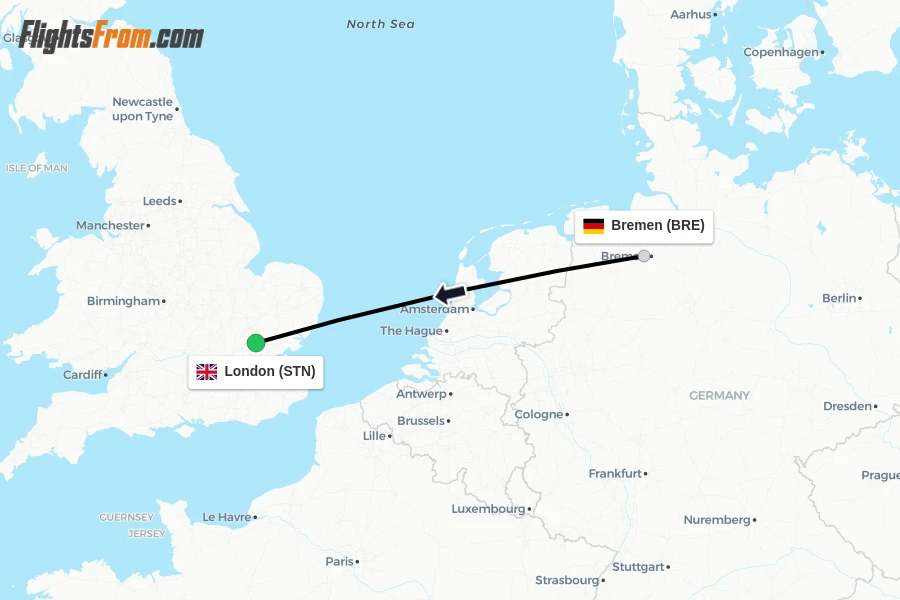 Flights from Bremen to London route map