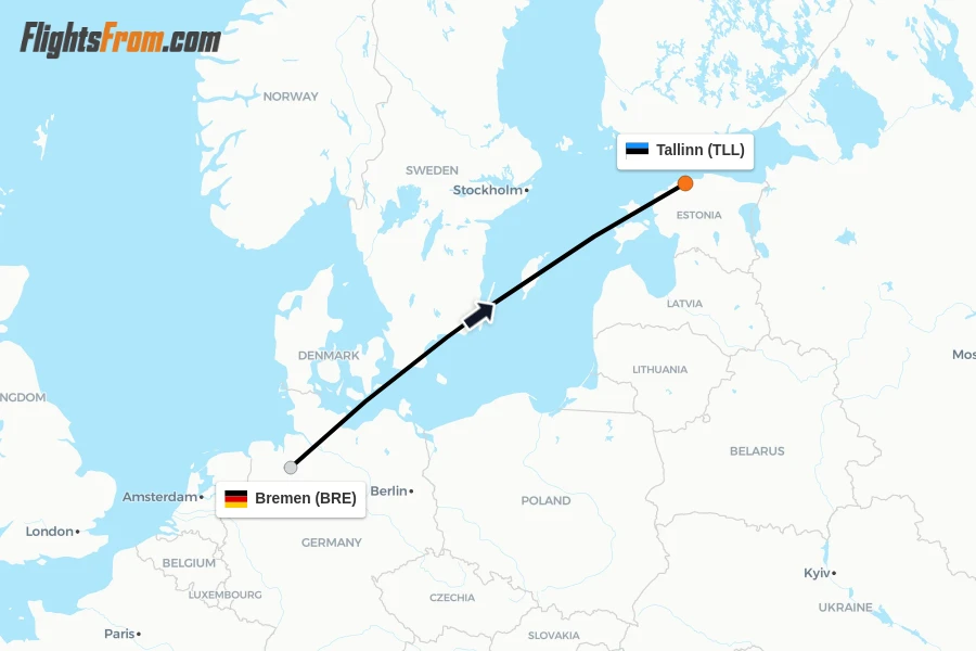 Flights from Bremen to Tallinn route map