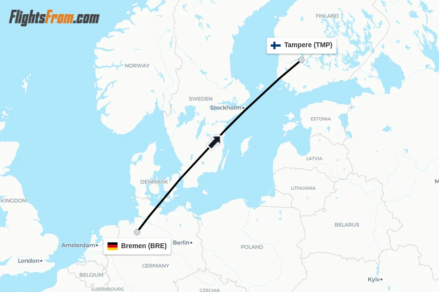 Flights from Bremen to Tampere route map
