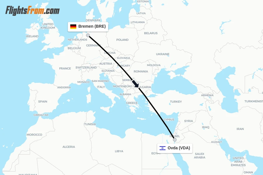 Flights from Bremen to Ovda route map