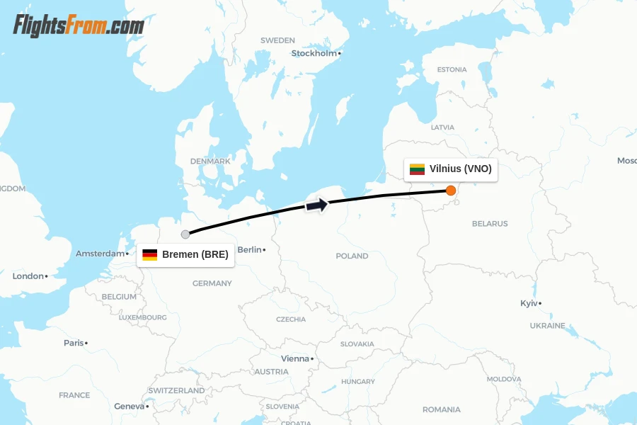 Flights from Bremen to Vilnius route map