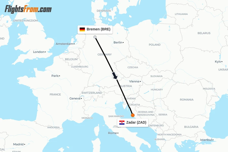 Flights from Bremen to Zadar route map